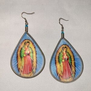 Handmade Our Lady of Guadalupe Teardrop Thread Earrings